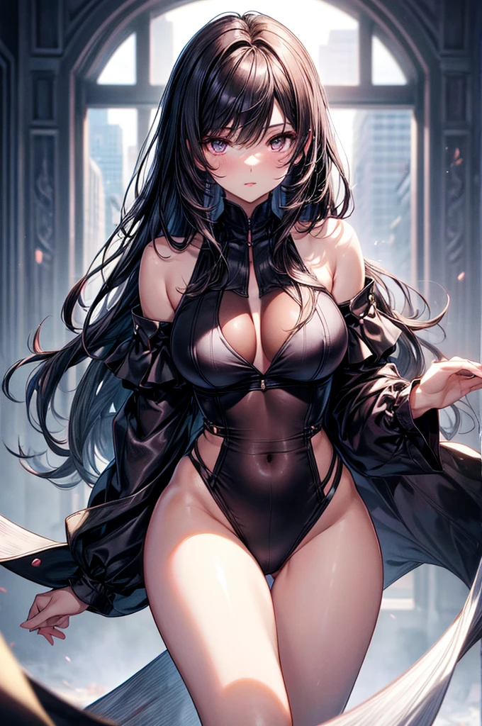 highest quality, ultra high resolution, super detailed, gorgeous, masterpiece, best quality, high resolution finely detailed, distinct image, finely detailed, hourglass figure, immaculate and alluring body shape, ar old,girl, solo, sharp facial features, oval shaped face, high-bridged nose, cherry red lips, dark velvet colored eyes, medium height(175cm), slim curves, toned body type, flowing waist length hair, sleek violet-black hair, narrow waist, long slender legs, modern city setting, flawless lightly tanned white skin, off-shoulder blouse, knee-length pleated skirt