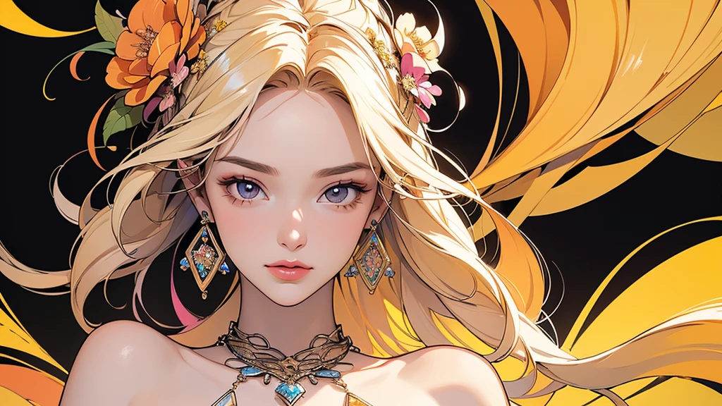 32K, 最高quality, 最高masterpiece, (ultra-Detailed Background, Detailed Background), Absurd, High resolution, Super detailed, Very detailedな, One girl, (bouquet:1.3), (Tangled:1.2), (Geometric:1.2),(colorful),(masterpiece, quality, best quality, Official Art, Beautiful and beautiful:1.2), (1 girl:1.3), Very detailed,(colorful:1.1)(Flowers:1.3),Most detailed,(Tangled:1.2), whole body, (Abstract background:1.3), (Skin glows), (Many colors:1.4), ,(Earrings Jewelry:1.5), Pale yellow background,