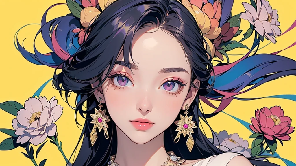 32K, 最高quality, 最高masterpiece, (ultra-Detailed Background, Detailed Background), Absurd, High resolution, Super detailed, Very detailedな, One girl, (bouquet:1.3), (Tangled:1.2), (Geometric:1.2),(colorful),(masterpiece, quality, best quality, Official Art, Beautiful and beautiful:1.2), (1 girl:1.3), Very detailed,(colorful:1.1)(Flowers:1.3),Most detailed,(Tangled:1.2), whole body, (Abstract background:1.3), (Skin glows), (Many colors:1.4), ,(Earrings Jewelry:1.5), Pale yellow background,