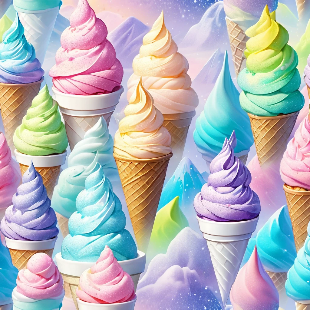 cityscape made of colorful soft serve ice cream, cute fantasy art, 2.5D, delicate and dynamic, shading effects, hyper realistic, foggy effects, glitter effects, background pastel color