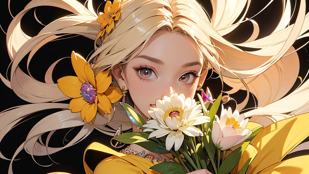 32K, 最高quality, 最高masterpiece, (ultra-Detailed Background, Detailed Background), Absurd, High resolution, Super detailed, Very detailedな, One girl, (bouquet:1.3), (Tangled:1.2), (Geometric:1.2),(colorful),(masterpiece, quality, best quality, Official Art, Beautiful and beautiful:1.2), (1 girl:1.3), Very detailed,(colorful:1.1)(Flowers:1.3),Most detailed,(Tangled:1.2), whole body, (Abstract background:1.3), (Skin glows), (Many colors:1.4), ,(Earrings Jewelry:1.5), Pale yellow background,