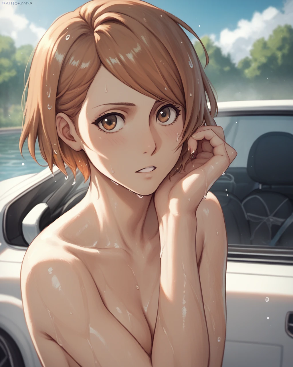 score_9, score_8_up, score_7_up, petra ral, 1girl, solo, short hair, brown hair, brown eyes, nude wet,in the car,whole body,stand
