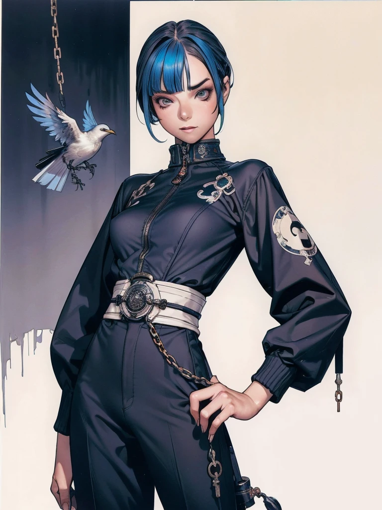 (best qualityer))), (((manga strokes))), (((navy color clothes))), (((black bob hair with straight bangs and blue highlights))), (((baggy pants with bone print))), uma Kizi jovem muito bem vestida com roupas modernas de inverno, pants with camouflage pattern, top gift vertical stripes, short jacket with dark fur collar, beautiful and expressive face, slightly-smile, big eyes with long black eyelashes, heavy make-up, chains and zippers spread across clothes, contrasting colours, pose de atitude, hair with a modern and futuristic cut, urban game poster art, dramatic camera angles, graffiti art elements in the background, design mixing contemporary and retro by Shepard Fairey, (((bird’s eye view))), (((best qualityer: 1.4))), (Unbeatable masterpiece), (hiper HD),(CG 8k hyper-realistic), Kizi, (((standing alone))), pirralha violent, (((14歳))), sexly, pose de atitude, work of art, post-apocalypse, (((manga style))), bounty hunter, violent, Manic, the way you want, slenderbody, thin but strong, perfectbody, roupa moderna, advanced technology, neon, sleeves with vertical striped pattern, neutral background, (( cowboy shot )). intricate visual