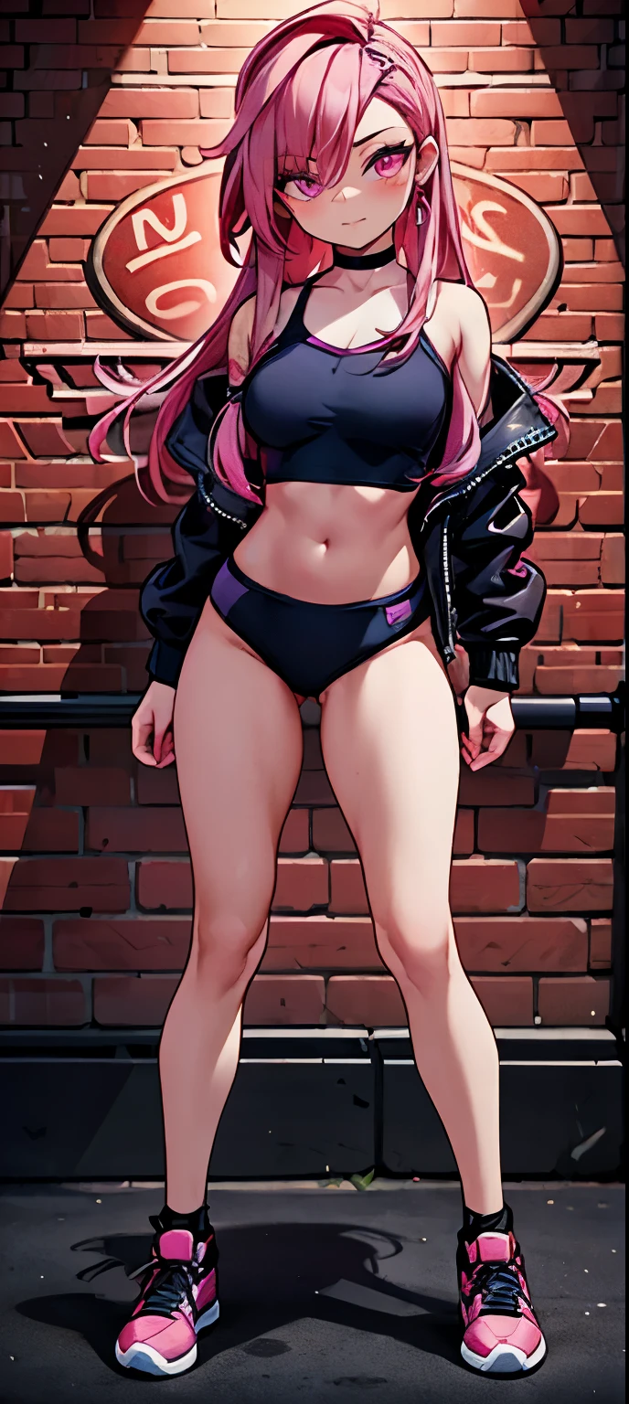 (masterpiece, best quality, 1girl, solo, intricate details, chromatic aberration), realistic, ((medium breath)),long hair, pink hair, red head ornament, pink highlights, hair over one eye,purple eyes, earrings, sharp eyes, choker, neon shirt, open jacket, crop top, (symmetry eyes),(perfect symmetrical body),against wall, brick wall, graffiti, dim lighting, alley ,look at viewer, woman at a gym, cute, front Pose, fitness girl, standing, erect Pose, symetrical, fitness model, skinny, Red sneakers, best qualityer, relaxed arms, hands down, ankle, fullbody view, stand straight with your back upright. Keep your shoulders back and maintain a straight line from your head to your feet. Full body overview, feets close, symmetrical front, head straight to the viewer