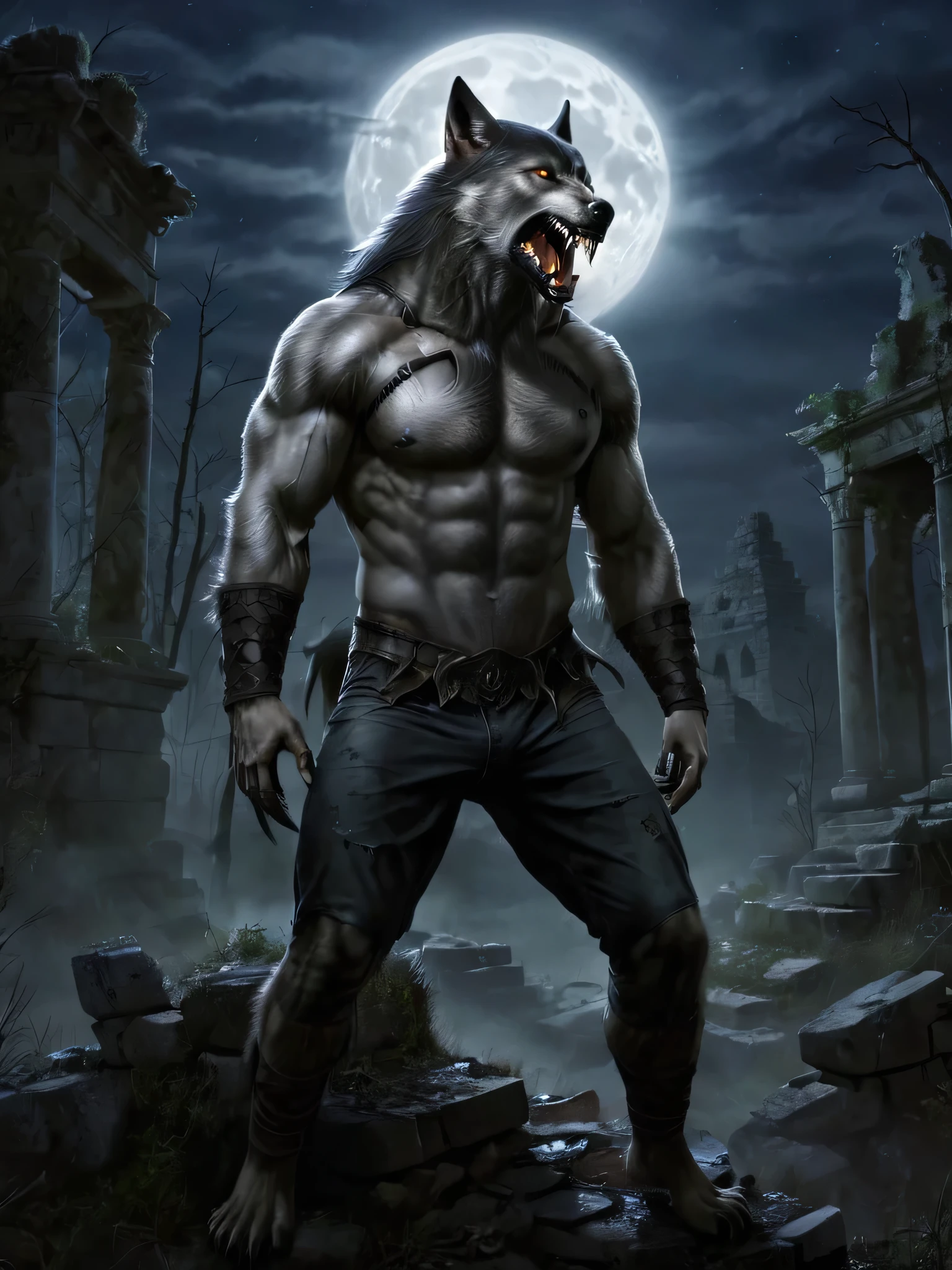 A werewolf rises in an abandoned haunted lost city. Moonlight highlights your muscles and scars.. The landscape is lush and mysterious., with dark city and surroundings. The camera details everything., a warrior woman, in front of him , salivating, squat black briefs
