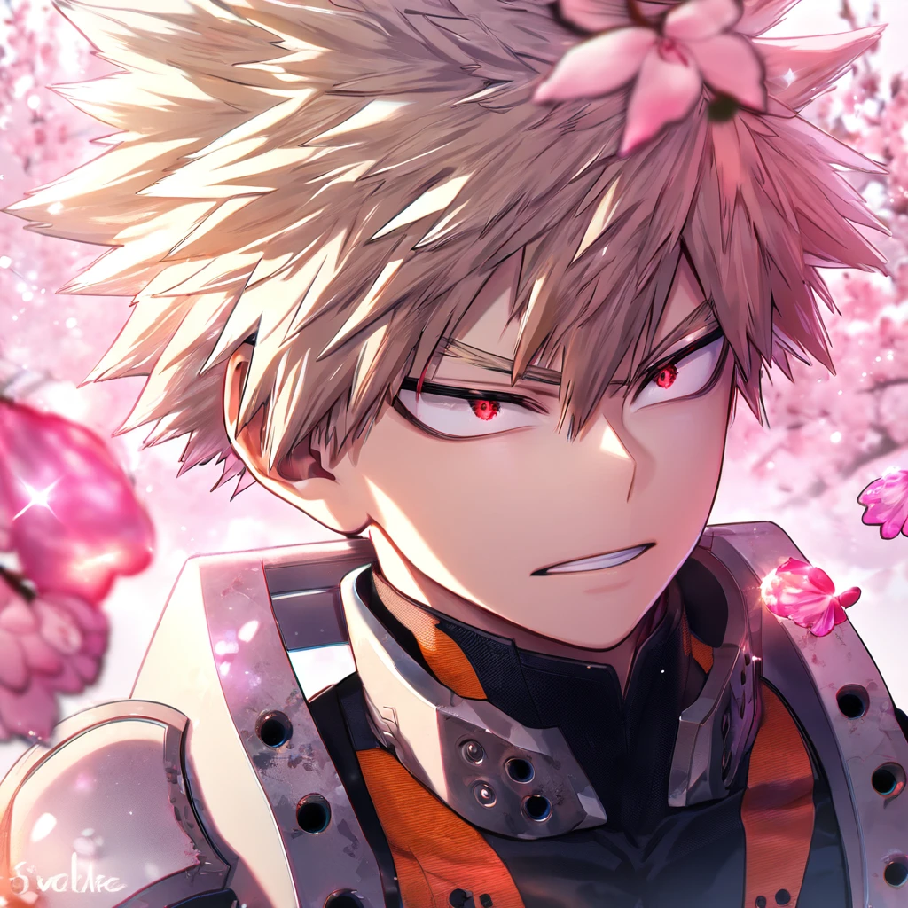 absurdres, highres, ultra detailed, HDR, master piece, best quality, extremely detailed, Bakugou Katsuki, ash-blonde hair, expressive red eyes, Boku No Hero Academia, solo, sexy man, handsome, black hero clothes, magical, sparkling, pink glittering fireflies, pink ice, pink ice butterflies, pink ice petals, pink ice cherry blossoms, pink crystal, pink flowers, pink moon