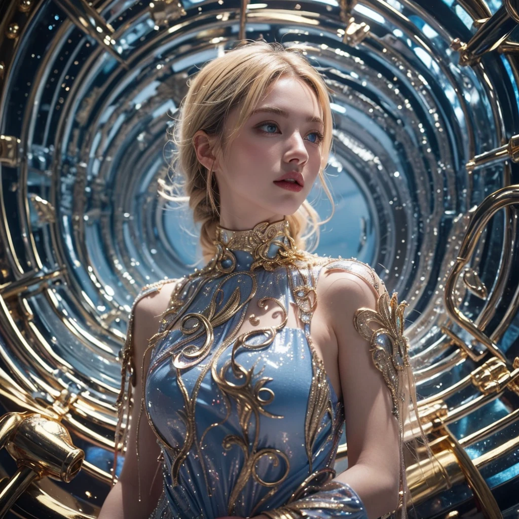 Dress in gold tuxdeo. His dark hair. He holds her above the water. Her long blonde hair shimmers and swirls. Her Blue eyes open. She wears a pink mix blue, gold, white pisatin dress.