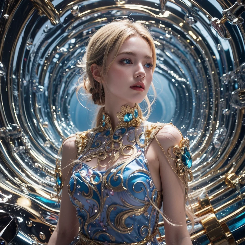 Dress in gold tuxdeo. His dark hair. He holds her above the water. Her long blonde hair shimmers and swirls. Her Blue eyes open. She wears a pink mix blue, gold, white pisatin dress.