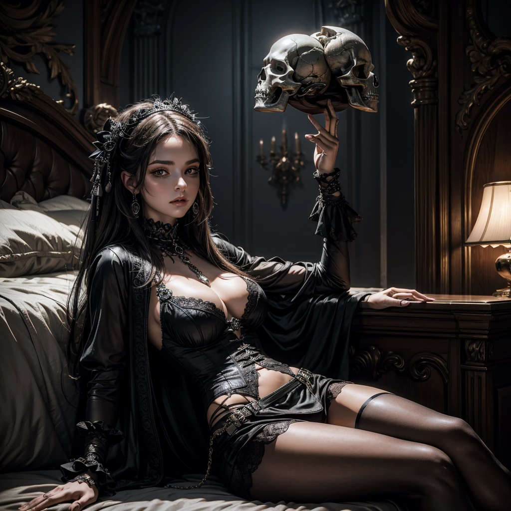 masterpiece, 8k, high resolution, best quality, ultra detailed), full body, a gothic girl sitting on the bed and holding a skull in her hands