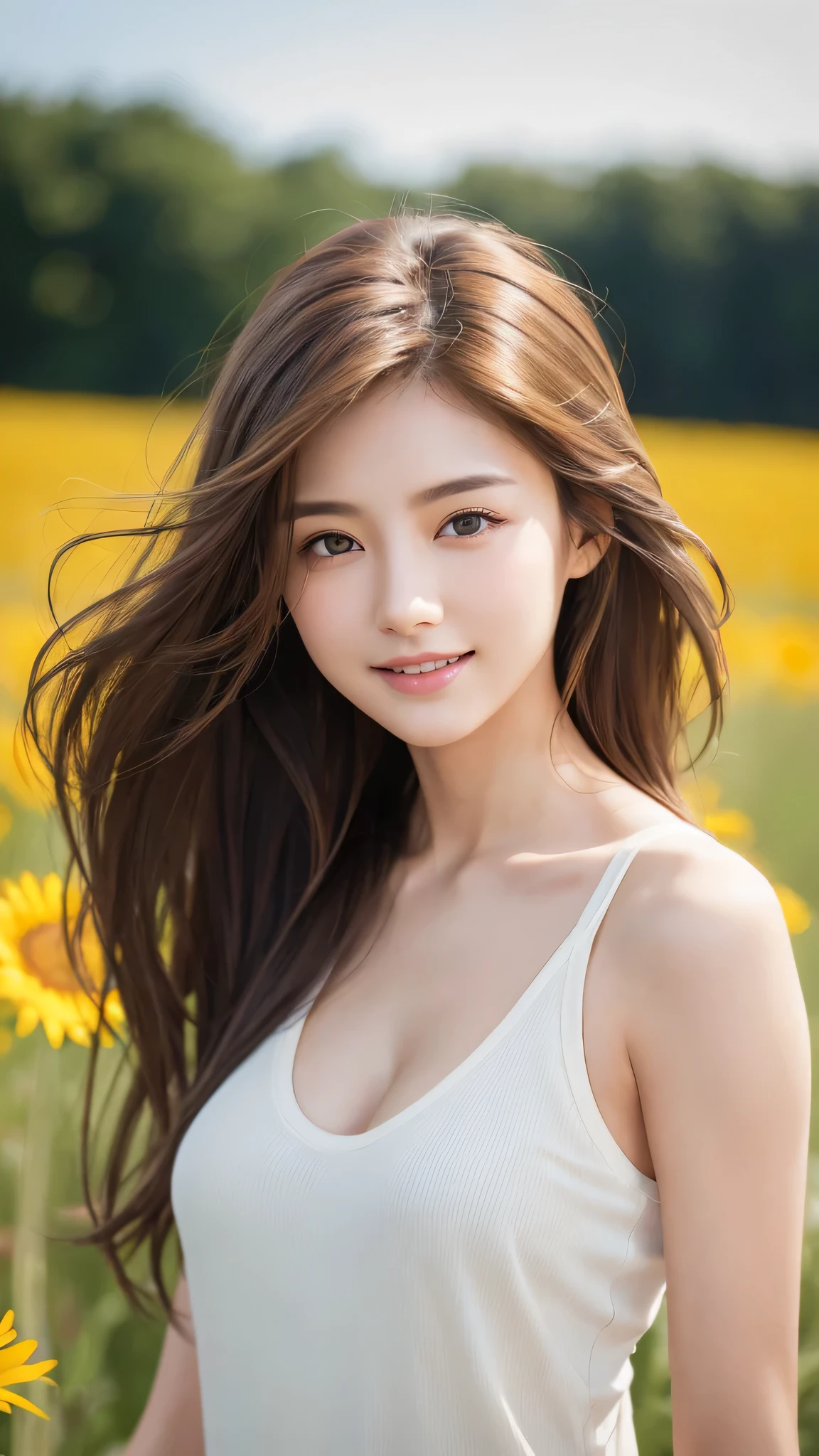 highest quality、genuine、Super detailed、finely、High resolution、8k wallpaper、one beautiful woman、、、light brown disheveled hair、wearing a tank top、sharp focus、perfect dynamic composition、beautiful and detailed eyes、thin hair、Detailed genuine skin texture、smile、model body shape、In a windswept meadow