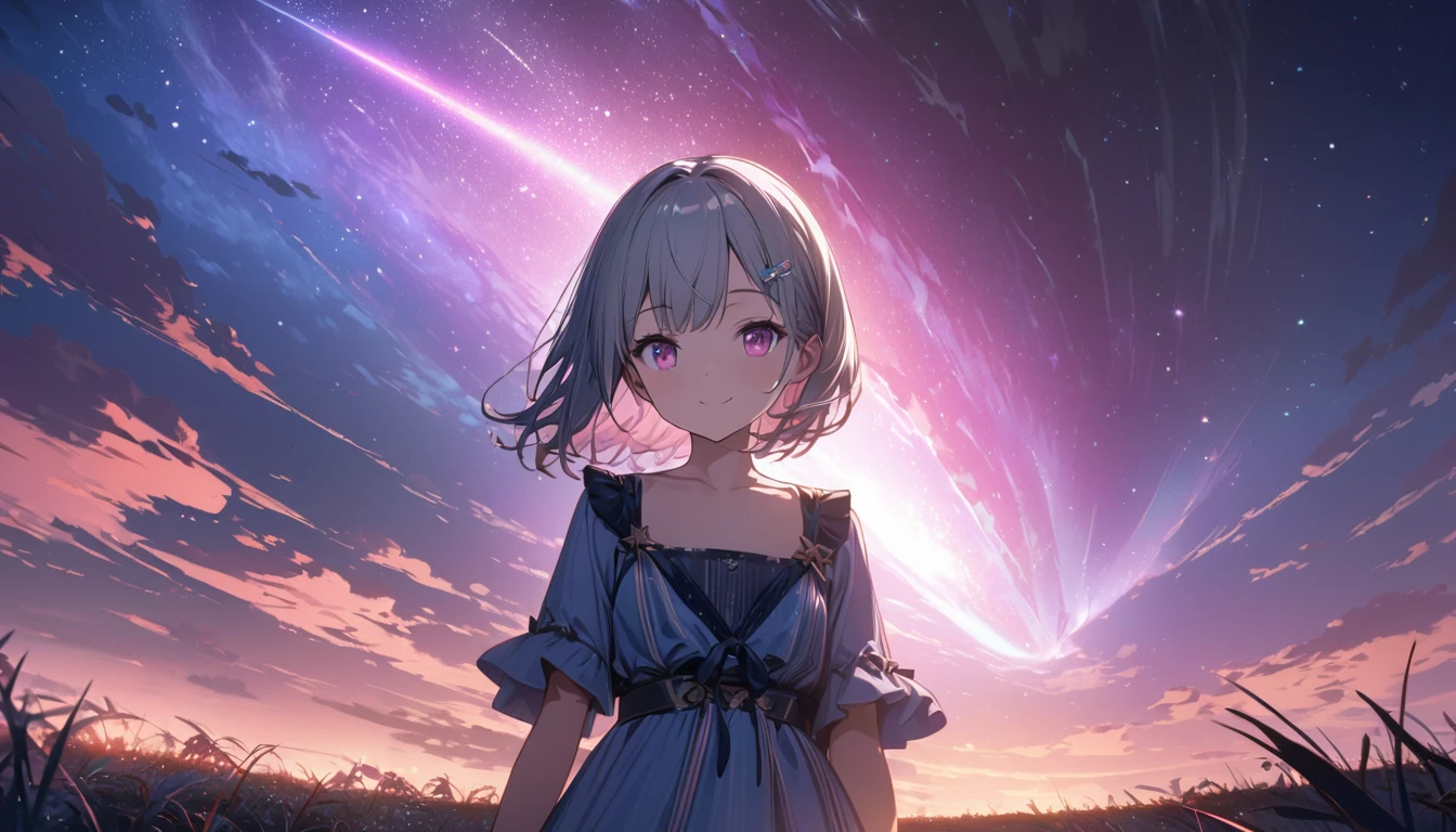 one girl, silver short hair and bob hair、I tied my hair in a bun with a hair clip..、beautiful pink eyes、smile、gentle smile on her face、flat chest, one Beautiful girl,((masterpiece, illustration, best quality) ((ultra-detailed))\、standing on a field viewing the night sky with dark clouds and stars, a comet passing by, and many stars, upper body, pink and blue night sky, 濃い青とBeautiful Blueのグラデーション, High resolution, 8K HD detail, hyper-detail, cinematic, surrealism, soft light, deep field focus bokeh, ray tracing and surrealism. --v6