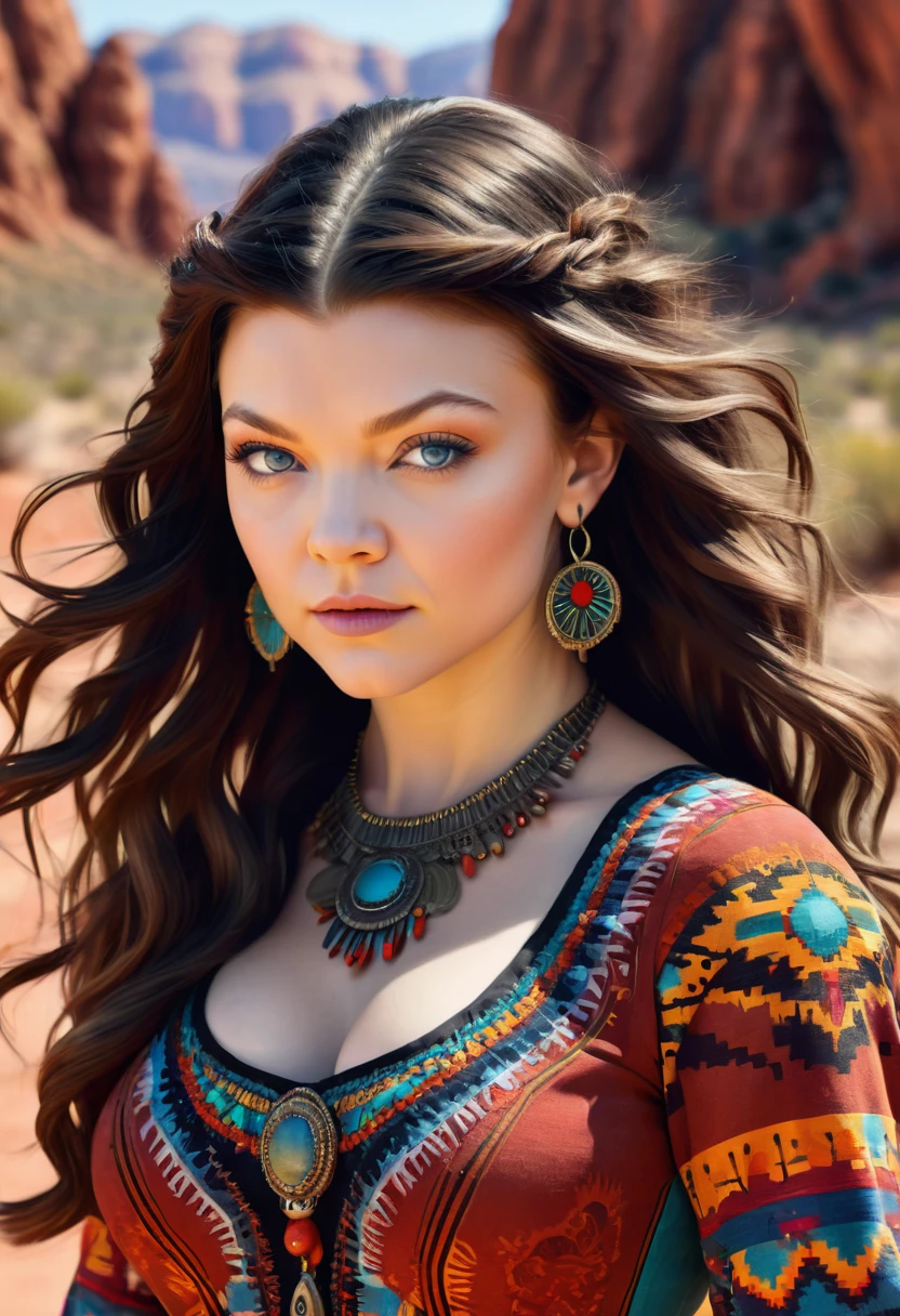 Beautiful boho women stunning merge of Natalie Dormer. with colorful southwestern style dress. colorful southwestern earing and. jewelry dark-black colored hair that is coarse, wiry, and tightly curled. It often has a rough texture, feels stiff to the touch, and may be prone to frizz and tangling. The curls can be densely packed. The Official Art – An Award-Winning Digital Masterpiece In 4K Ultra HD, Extreme Detail And Intricate Realism. symmetrical face. This Concept Art Brought To Life By The Hands Of Artists Like Wlop & Artgerm In A Stunning 2D Vector Illustration. large, perky, full, vuluptious, symmetrical and spherical breasts. Background is a beautiful panoramic vista of a red rock canyon.
