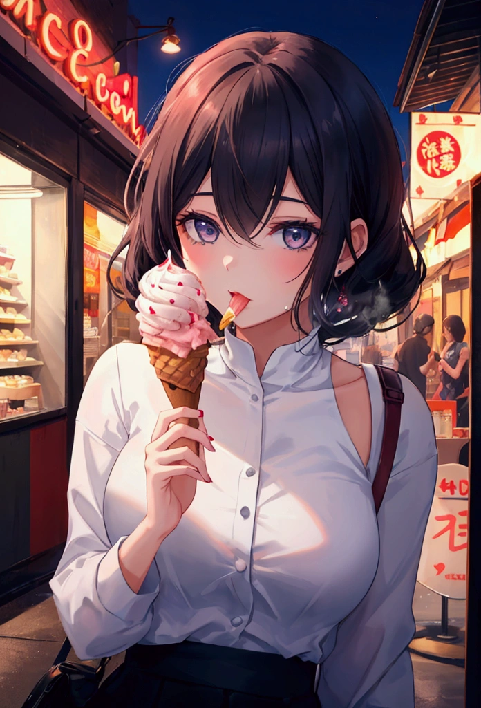 Create an image of a woman licking an ice cream