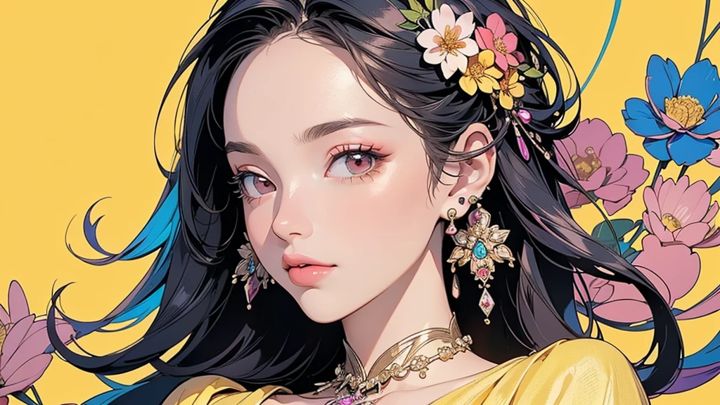 32K, 最高quality, 最高masterpiece, (ultra-Detailed Background, Detailed Background), Absurd, High resolution, Super detailed, Very detailedな, One girl, (bouquet:1.3), (Tangled:1.2), (Geometric:1.2),(colorful),(masterpiece, quality, best quality, Official Art, Beautiful and beautiful:1.2), (1 girl:1.3), Very detailed,(colorful:1.1)(Flowers:1.3),Most detailed,(Tangled:1.2), whole body, (Abstract background:1.3), (Skin glows), (Many colors:1.4), ,(Earrings Jewelry:1.5), Pale yellow background,
