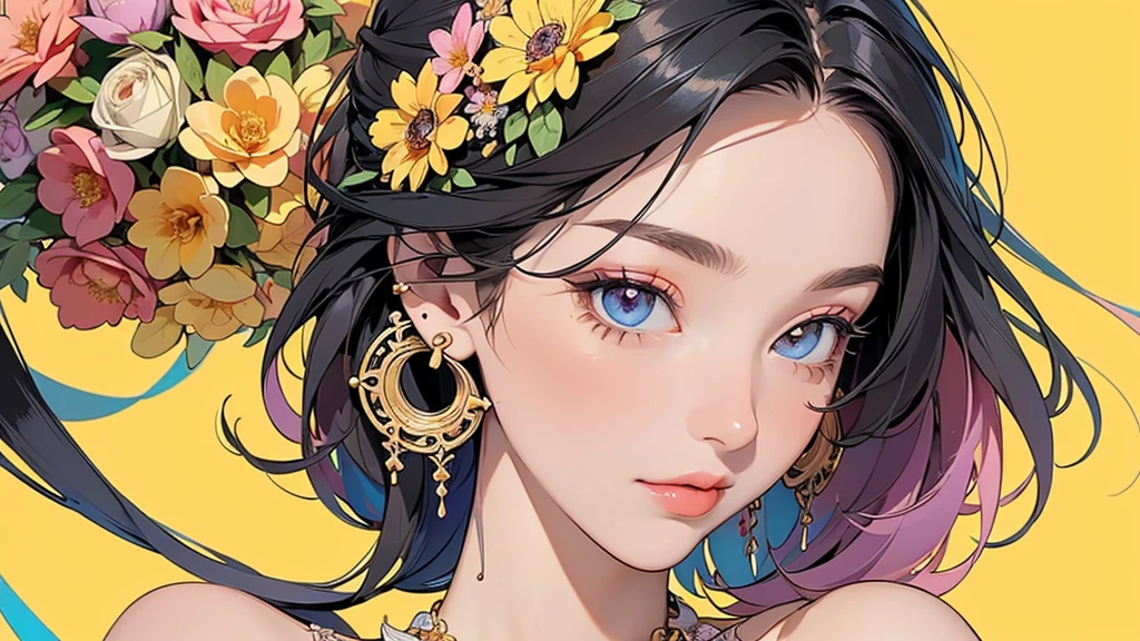 32K, 最高quality, 最高masterpiece, (ultra-Detailed Background, Detailed Background), Absurd, High resolution, Super detailed, Very detailedな, One girl, (bouquet:1.3), (Tangled:1.2), (Geometric:1.2),(colorful),(masterpiece, quality, best quality, Official Art, Beautiful and beautiful:1.2), (1 girl:1.3), Very detailed,(colorful:1.1)(Flowers:1.3),Most detailed,(Tangled:1.2), whole body, (Abstract background:1.3), (Skin glows), (Many colors:1.4), ,(Earrings Jewelry:1.5), Pale yellow background,