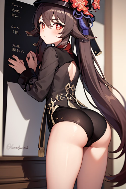 a girl stands against the background of a board in tight stockings with her back turned, Hu Tao, tight shorts, juicy ass