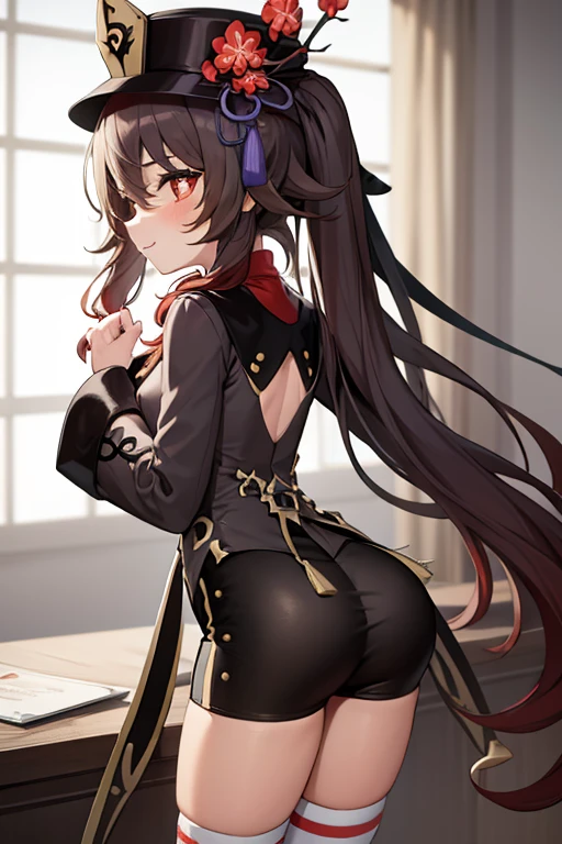 a girl stands against the background of a board in tight stockings with her back turned, Hu Tao, tight shorts, juicy ass