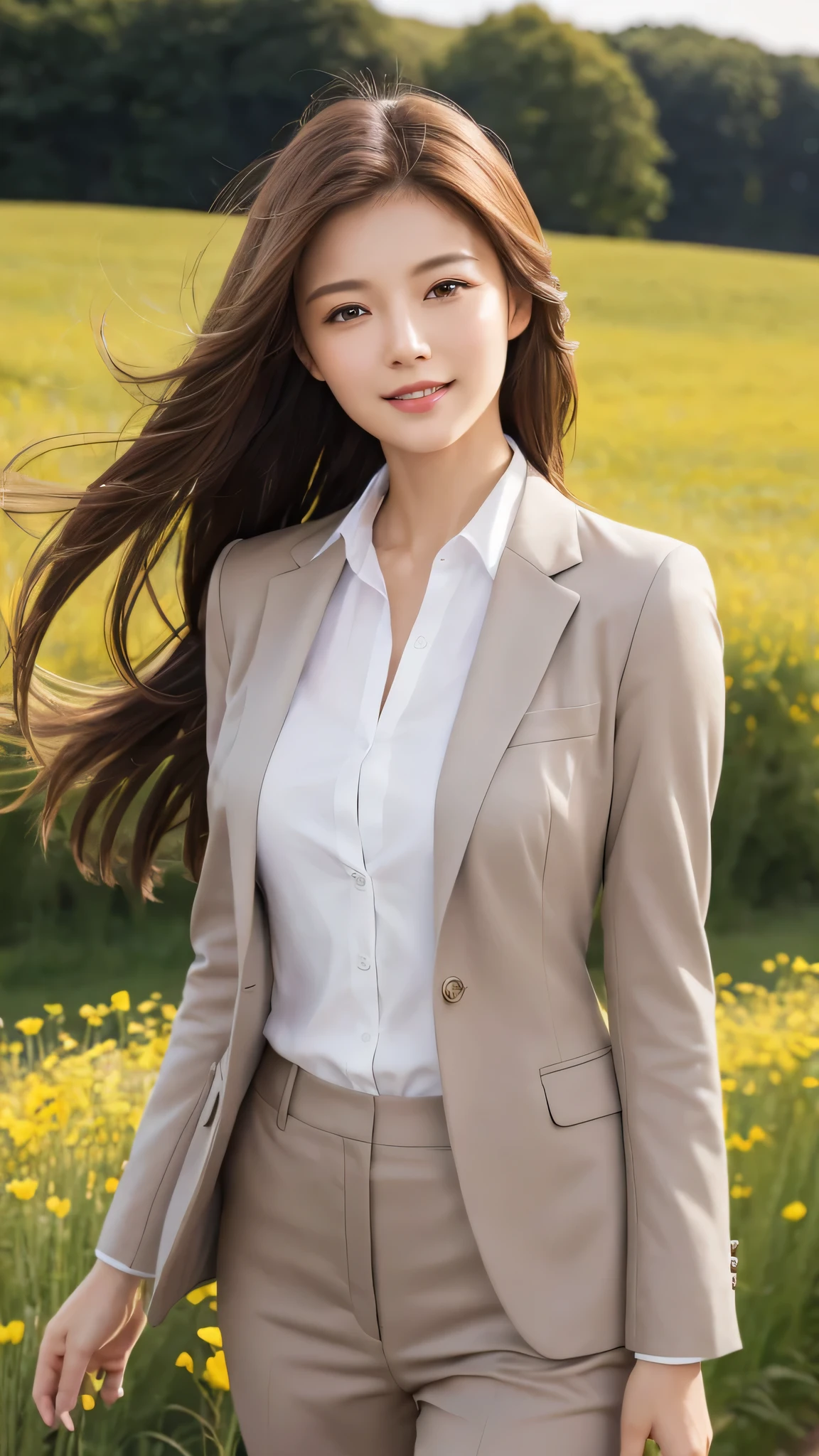 highest quality、genuine、Super detailed、finely、High resolution、8k wallpaper、one beautiful woman、、、light brown disheveled hair、wearing a business suit、sharp focus、perfect dynamic composition、beautiful and detailed eyes、thin hair、Detailed genuine skin texture、smile、model body shape、In a windswept meadow
