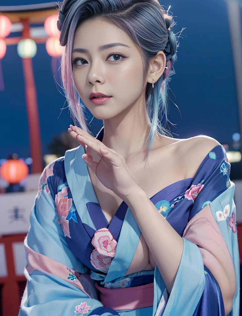 (Tabletop), (((Highest quality)), (Very detailed), Big Breasts、1 girl, (Rainbow Hair, Colorful Hair, Half blue and half pink hair: 1.2, 美しく精巧に描かれたbackground)17 years old, (yukata: 1.2), 真夏のnight、plein air, bangs, smile, Sky blue eyes, Perfect hands, Perfect hands, Hand Detail, Corrected Fingers. earrings, Night Store + background, up looking_in_Audience, Cowboy Shot, Highest quality, Rich details, Perfect image quality, Dark blue、(night:1.5, Japanese Summer Festivals, Pompadour Hairstyle:1.3)