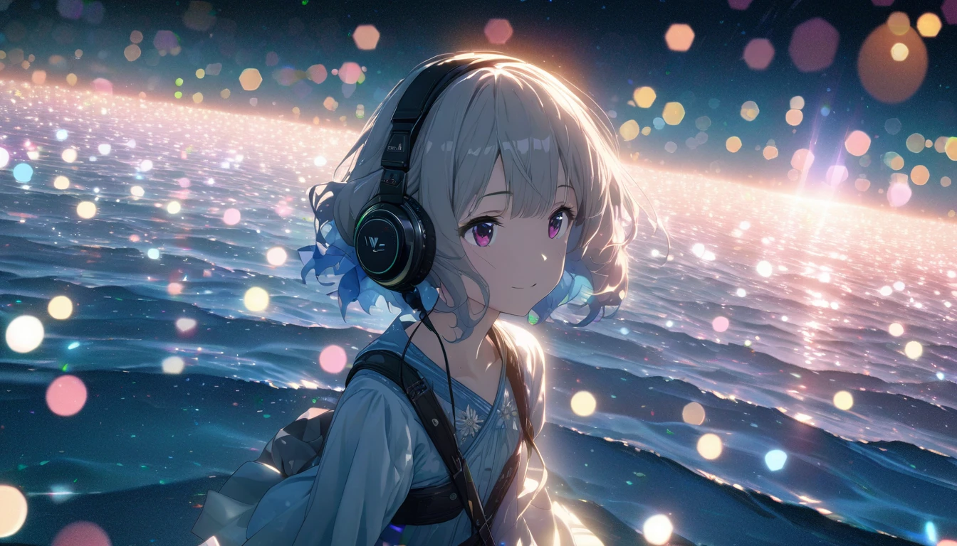 one girl, silver short hair and bob hair、I tied my hair in a bun with a hair clip..、beautiful pink eyes、smile、gentle smile on her face、flat chest, one Beautiful girl,((masterpiece, illustration, best quality) ((ultra-detailed))\、by the beach sea shore walking around the beach with her headphones on, , 濃い青とBeautiful Blueのグラデーション, High resolution, 8K HD detail, hyper-detail, cinematic, surrealism, soft light, deep field focus bokeh, ray tracing and surrealism. --v6