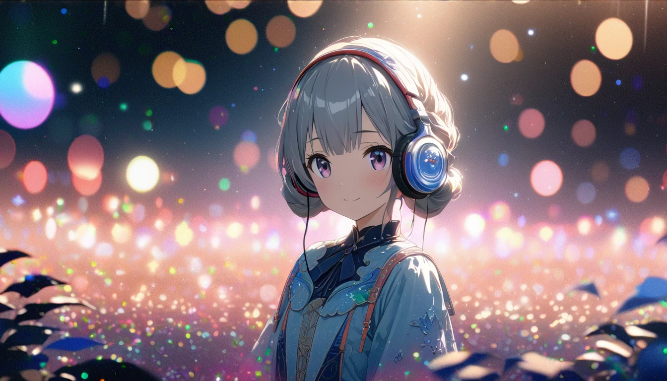 one girl, silver short hair and bob hair、I tied my hair in a bun with a hair clip..、beautiful pink eyes、smile、gentle smile on her face、flat chest, one Beautiful girl,((masterpiece, illustration, best quality) ((ultra-detailed))\、by the beach sea shore walking around the beach with her headphones on, , 濃い青とBeautiful Blueのグラデーション, High resolution, 8K HD detail, hyper-detail, cinematic, surrealism, soft light, deep field focus bokeh, ray tracing and surrealism. --v6