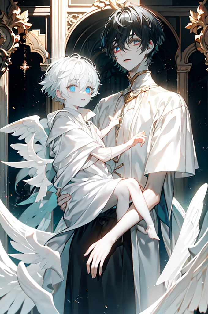 Two-dimensional characters come to life in this captivating illustration of a beautiful Boys with Pale skin and big, Expressive eyes. He stood by the window, his Short-lived figure seeming to blur as my eyes water in response to the scene unfolding inside the palace. The bright sunshine pours down, Light up his white clothes,Create amazing, Contrast with dark background. This exquisitely detailed work of art, Full of elegance and grace, Show the beauty of the moment when time is frozen. (Magazine:1.3), (Cover Style:1.3), Ethereal, Boys, Pale skin, big eyes, Short-lived, 水汪汪的big eyes