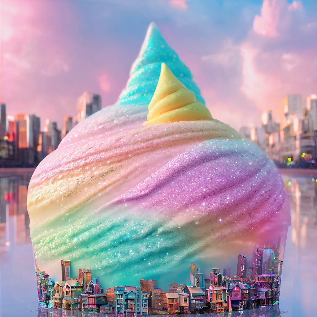 cityscape made of colorful soft serve ice cream, cute fantasy graphic CG digital art, 2.5D, delicate and dynamic, shading effects, hyper realistic, foggy effects, glitter effects, background pastel color