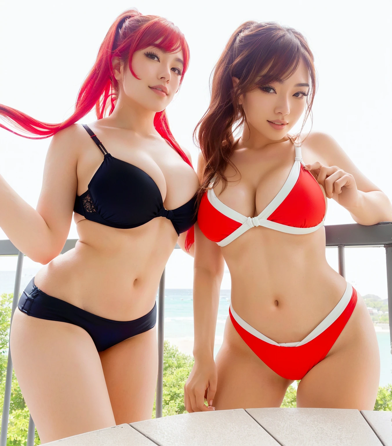 two women in bikinis posing for a picture on a balcony, ayami kojima and lyde caldwell, red bikini, swimsuit, oppai, is wearing a swimsuit, sakimichan, sling bikini, cute bikini, wearing spandex bikini, posing together in bra, in bikini, wearing two - piece swimsuit, two beautiful anime girls, red and black and white