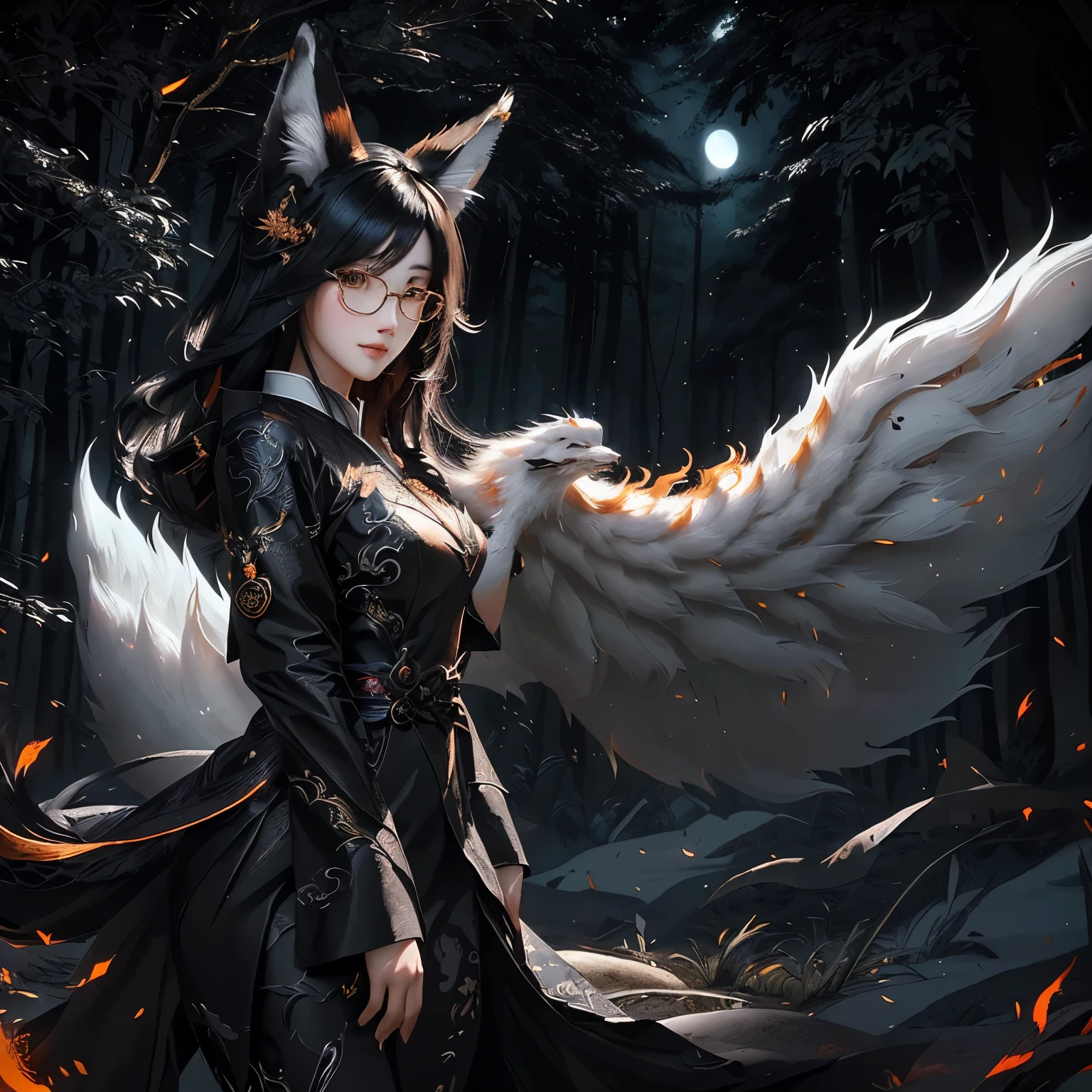 anime, anime girl, fox, wings, fire, black, white, black hair, black eyes, black dress, black hair, black wings, black hair, dark fox mage, by Yang J, anime art wallpaper 4 k, anime art wallpaper 4k, a beautiful fox lady, very very beautiful furry art, trending on art station pixiv, ahri A woman wearing a white suit, (divine beast) with a serpent dragon behind her, walking on a walk in a forest in the autumn period, dress shoes, circle glasses orange eyes, black hair, black kitsune ears, one black kitsune tail, smiling, small breasts, posture standing, daytime location, a view of the forest, background with small Chinese dragon, (divine beast dragon )orange filter,.UHD , prime work , accurate , anatomically correct , textured skin , super details , high quality , best quality, 8k, high resolution, bokeh effect. (woman solo