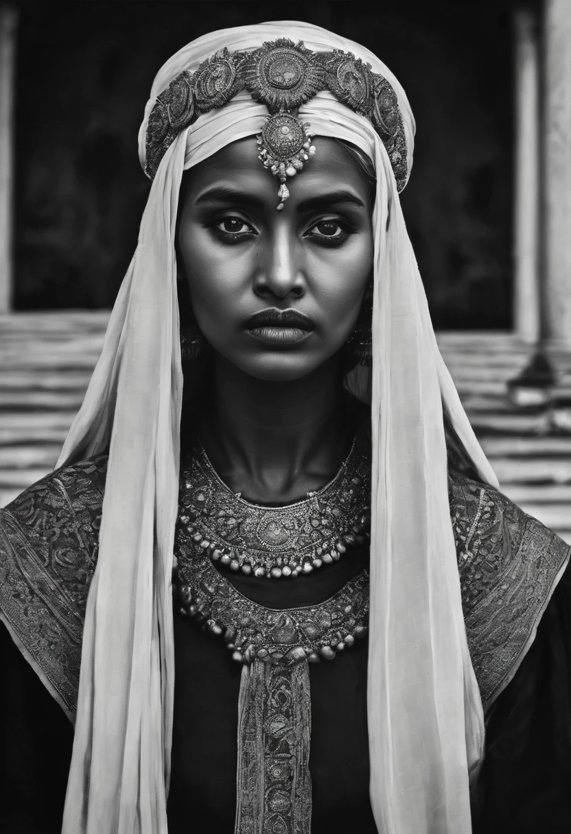 create portrait images, old paintings of ancient people, black and white images, These images have to convey a tone of terror, strange and ancient appearance