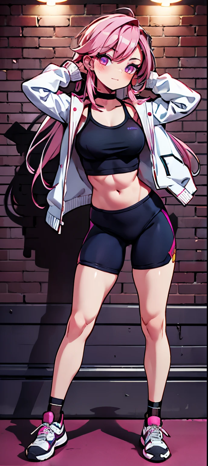 (masterpiece, best quality, 1girl, solo, intricate details, chromatic aberration), realistic, ((medium breath)),long hair, pink hair, red head ornament, pink highlights, hair over one eye,purple eyes, earrings, sharp eyes, choker, neon shirt, open jacket, crop top, (symmetry eyes),(perfect symmetrical body),against wall, brick wall, graffiti, dim lighting, alley ,look at viewer, woman at a gym, cute, front Pose, fitness girl, standing, erect Pose, symetrical, fitness model, skinny, Red sneakers, best qualityer, relaxed arms, hands down, ankle, fullbody view, stand straight with your back upright. Keep your shoulders back and maintain a straight line from your head to your feet. Full body overview, feets close, symmetrical front, head straight to the viewer