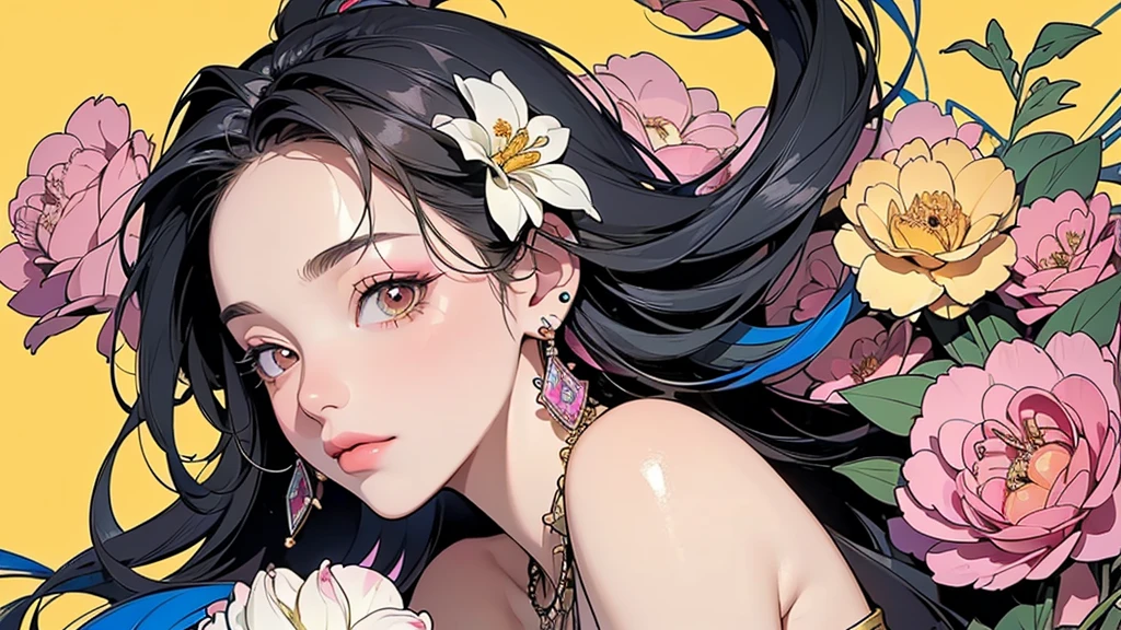 32K, 最高quality, 最高masterpiece, (ultra-Detailed Background, Detailed Background), Absurd, High resolution, Super detailed, Very detailedな, One girl, (bouquet:1.3), (Tangled:1.2), (Geometric:1.2),(colorful),(masterpiece, quality, best quality, Official Art, Beautiful and beautiful:1.2), (1 girl:1.3), Very detailed,(colorful:1.1)(Flowers:1.3),Most detailed,(Tangled:1.2), whole body, (Abstract background:1.3), (Skin glows), (Many colors:1.4), ,(Earrings Jewelry:1.5), Pale yellow background,