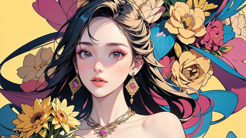 32K, 最高quality, 最高masterpiece, (ultra-Detailed Background, Detailed Background), Absurd, High resolution, Super detailed, Very detailedな, One girl, (bouquet:1.3), (Tangled:1.2), (Geometric:1.2),(colorful),(masterpiece, quality, best quality, Official Art, Beautiful and beautiful:1.2), (1 girl:1.3), Very detailed,(colorful:1.1)(Flowers:1.3),Most detailed,(Tangled:1.2), whole body, (Abstract background:1.3), (Skin glows), (Many colors:1.4), ,(Earrings Jewelry:1.5), Pale yellow background,