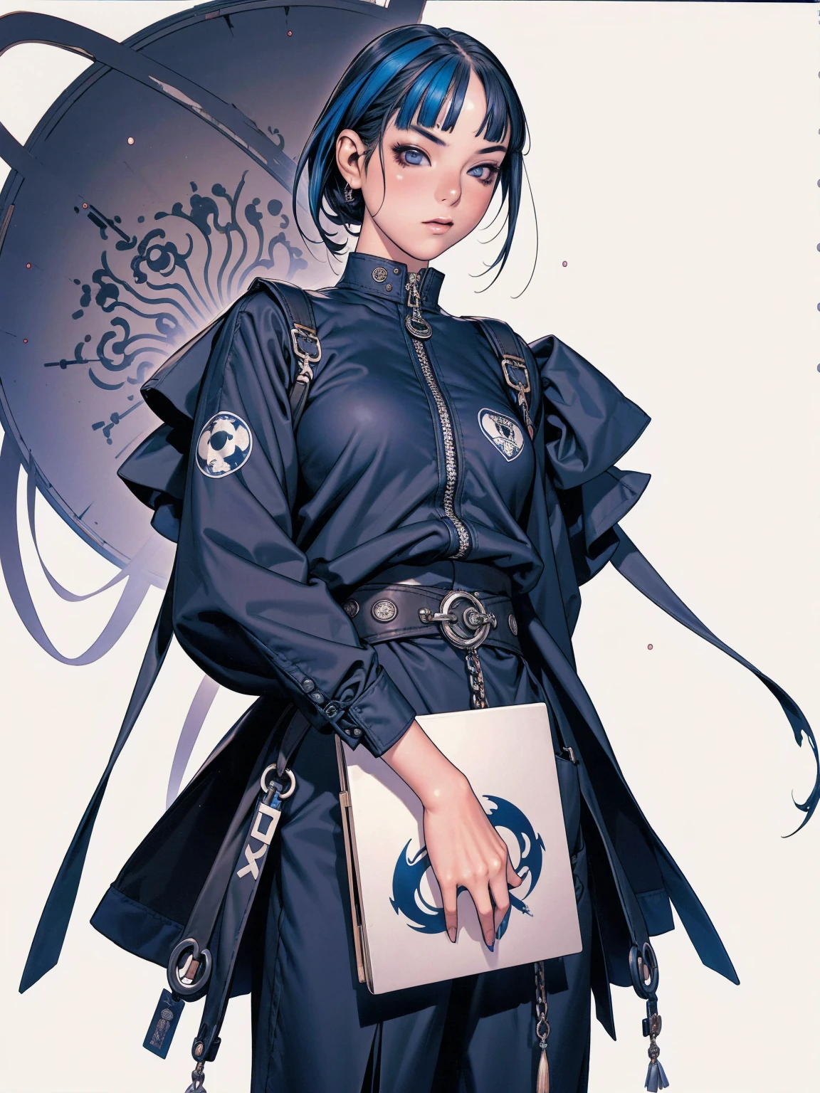 (best qualityer))), (((manga strokes))), (((navy color clothes))), (((black bob hair with straight bangs and blue highlights))), (((baggy pants with bone print))), uma Kizi jovem muito bem vestida com roupas modernas de inverno, pants with camouflage pattern, top gift vertical stripes, short jacket with dark fur collar, beautiful and expressive face, slightly-smile, big eyes with long black eyelashes, heavy make-up, chains and zippers spread across clothes, contrasting colours, pose de atitude, hair with a modern and futuristic cut, urban game poster art, dramatic camera angles, graffiti art elements in the background, design mixing contemporary and retro by Shepard Fairey, (((bird’s eye view))), (((best qualityer: 1.4))), (Unbeatable masterpiece), (hiper HD),(CG 8k hyper-realistic), Kizi, (((standing alone))), pirralha violent, ((())), sexly, pose de atitude, work of art, post-apocalypse, (((manga style))), bounty hunter, violent, Manic, the way you want, slenderbody, thin but strong, perfectbody, roupa moderna, advanced technology, neon, sleeves with vertical striped pattern, neutral background, (( cowboy shot )). intricate visual