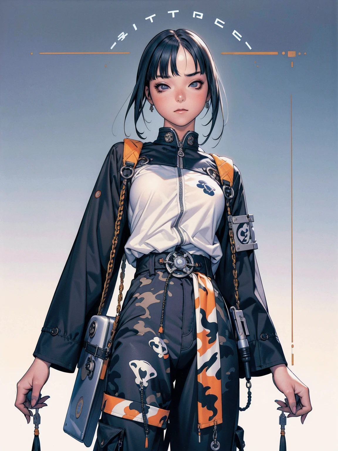 (best qualityer))), (((manga strokes))), (((navy color clothes))), (((black bob hair with straight bangs and blue highlights))), (((baggy pants with bone print))), uma Kizi jovem muito bem vestida com roupas modernas de inverno, pants with camouflage pattern, top gift vertical stripes, short jacket with dark fur collar, beautiful and expressive face, slightly-smile, big eyes with long black eyelashes, heavy make-up, chains and zippers spread across clothes, contrasting colours, pose de atitude, hair with a modern and futuristic cut, urban game poster art, dramatic camera angles, graffiti art elements in the background, design mixing contemporary and retro by Shepard Fairey, (((bird’s eye view))), (((best qualityer: 1.4))), (Unbeatable masterpiece), (hiper HD),(CG 8k hyper-realistic), Kizi, (((standing alone))), pirralha violent, ((())), sexly, pose de atitude, work of art, post-apocalypse, (((manga style))), bounty hunter, violent, Manic, the way you want, slenderbody, thin but strong, perfectbody, roupa moderna, advanced technology, neon, sleeves with vertical striped pattern, neutral background, (( cowboy shot )). intricate visual