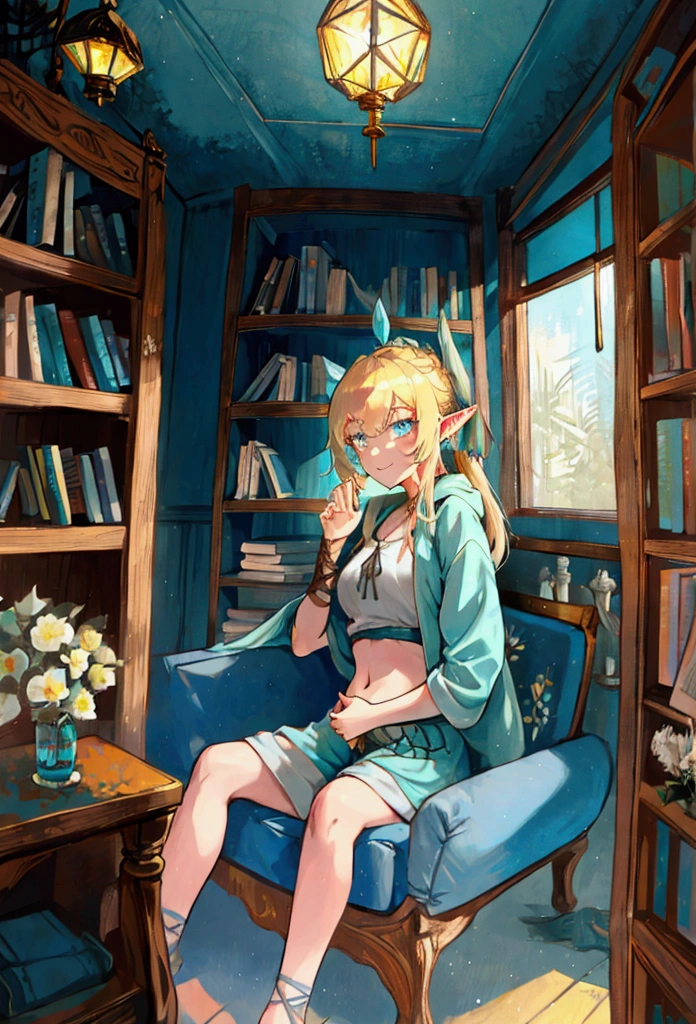 A blonde elf around 20 years old with blue eyes and tied-up hair, smiling. She is wearing a turquoise hoodie that leaves her belly exposed and turquoise shorts. She is sitting on a soft yellow fabric sofa in a rustic room, with bookshelves filled with books and cabinets behind her. The colors of the room and the image are in pastel tones, creating a relaxed and cozy atmosphere.