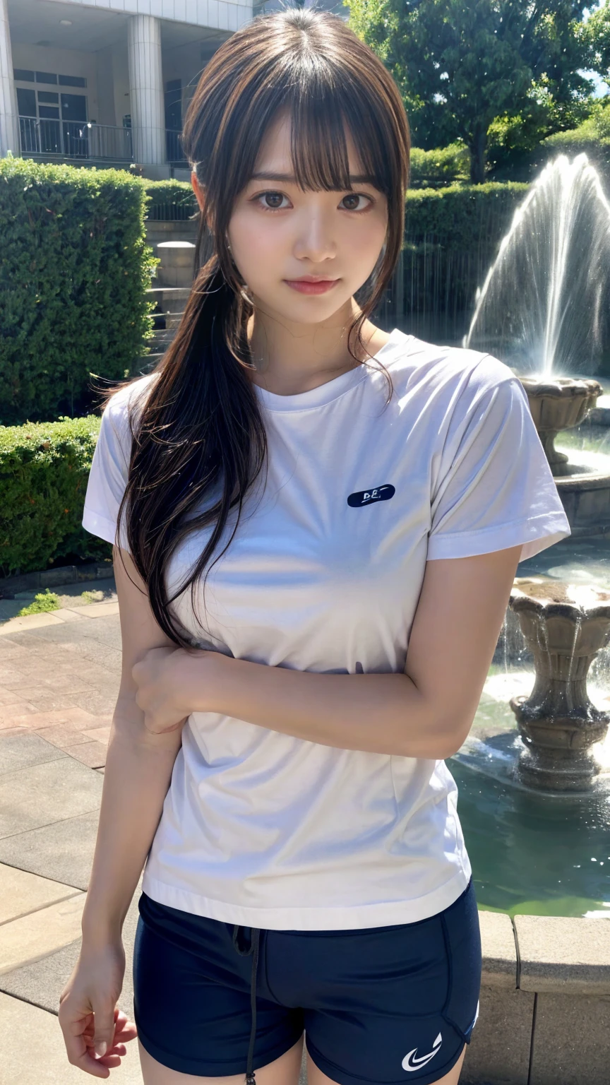 masterpiece, best quality, illustration, Super detailed, fine details, High resolution, 8K,wall paper, perfect dynamic composition,(Details High quality, realistic depiction of eyes:1.3), (short sleeve white t-shirt, navy short pants, gym clothes), middle hair, ponytail, sideburns, black hair color, Big Natural Color Lip, Large swollen breast, perfect body shape, crying a little、little smile、 Harajuku style、20 year old girl、cute type、lolita, hposing Gravure Idol, full body photo、focus on crotch, (park:1.2, fountain)