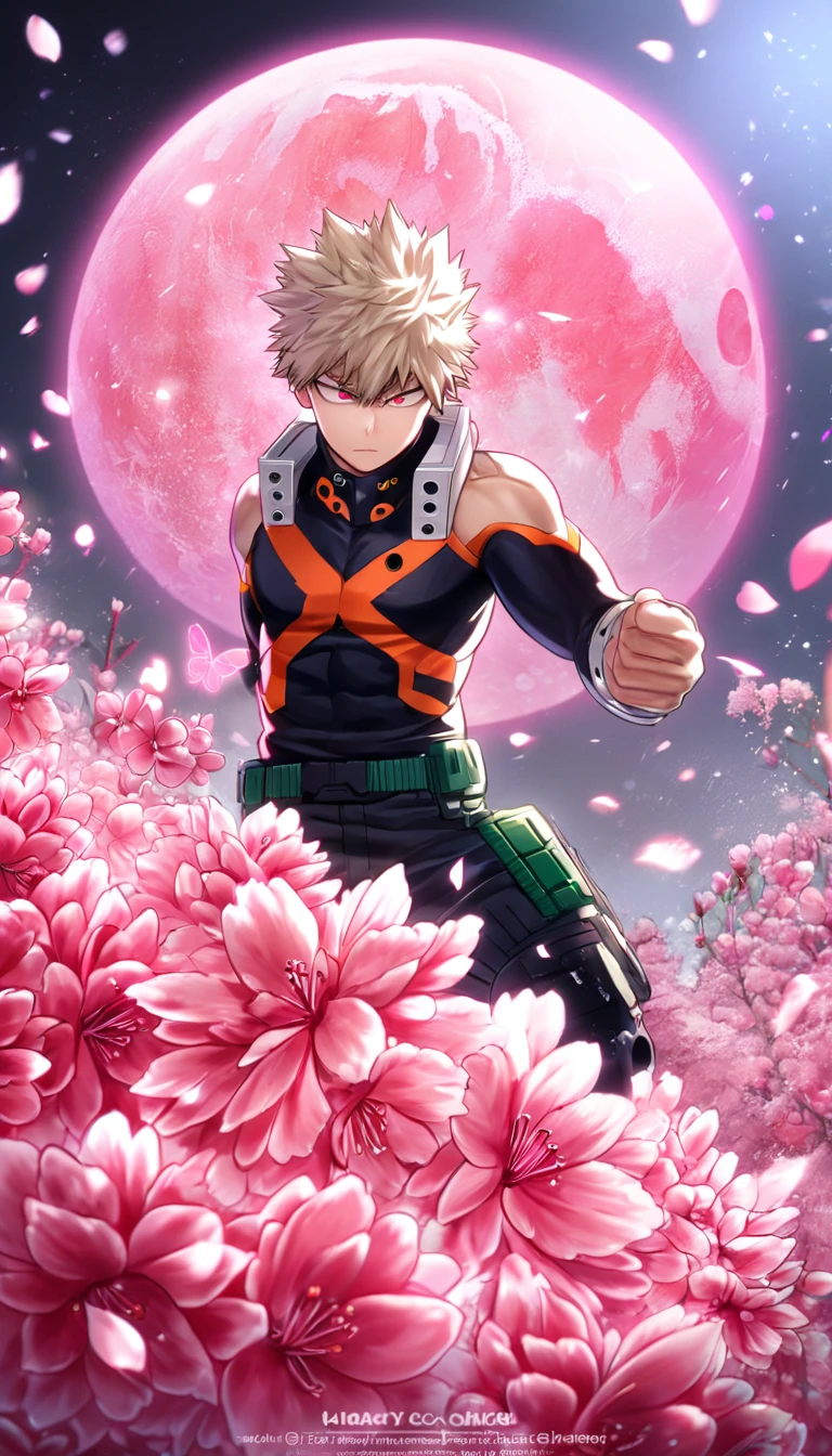 absurdres, highres, ultra detailed, HDR, master piece, best quality, extremely detailed, Bakugo Katsuki, ash-blonde hair, expressive red eyes, Boku No Hero Academia, solo, sexy man, handsome, black hero clothes, magical, sparkling, pink glittering fireflies, pink ice, pink ice butterflies, pink ice petals, pink ice cherry blossoms, pink crystal, pink flowers, pink moon