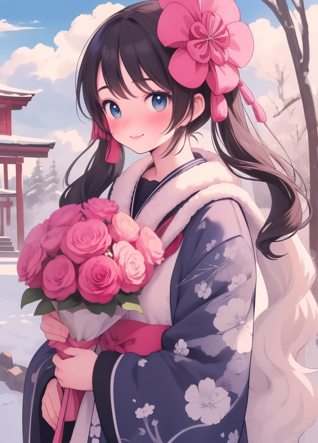 (masterpiece、Highest quality、Highest quality、Official Art、Beautiful and beautiful:1.2)、(One girl:1.3)Hatsune Miku、Twin tails,Beautiful breasts, Katsushika Hokusai,masterpiece,Highest quality,Very detailed,High resolution,Very detailedCG,Trick him?Fantastic details,Very detailed肌,Perfect Anatomy,Cowboy Shot,One girl,Pronunciation of notes,woman,Shrine maiden,blue eyes,lipstick,eyeliner,Medium chest,smile,Medium Hair,Black Hair,Shrine maiden服,wariza,I have a photo of a large bouquet of many different kinds of flowers.