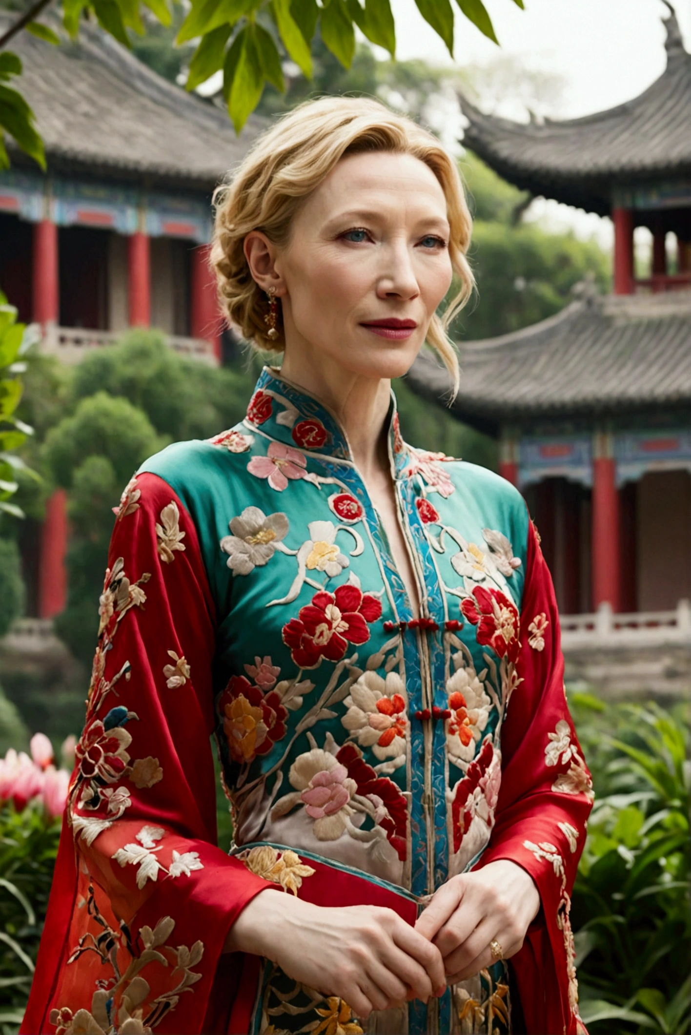 1 woman (Cate Blanchett, age 25, intricate silk Chinese dress with lots of embroidery sheer with several large slits, no underwear, traditional hairstyle and Chinese makeup) wandering through a palace garden
