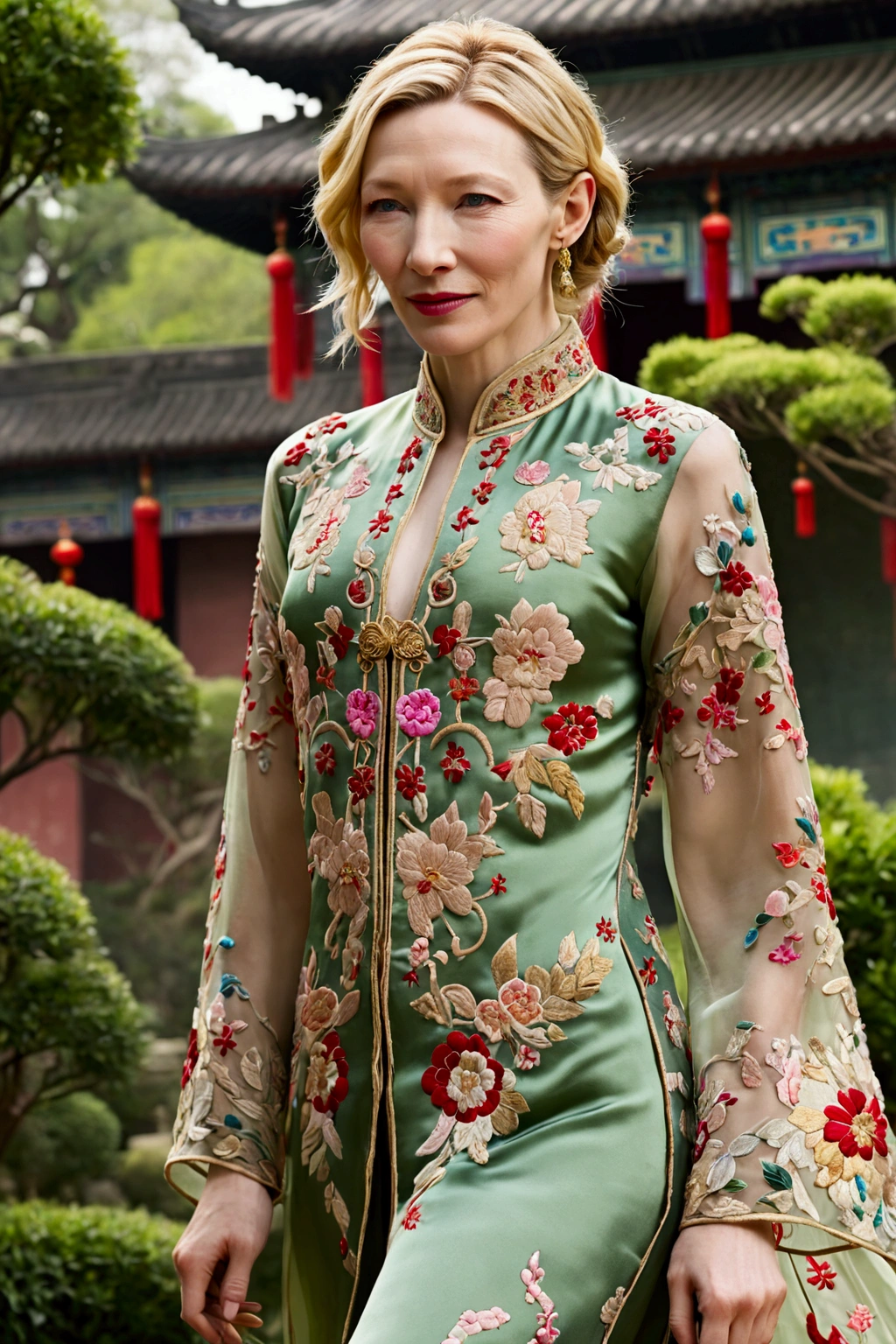 1 woman (Cate Blanchett, age 25, intricate silk Chinese dress with lots of embroidery sheer with several large slits, no underwear, traditional hairstyle and Chinese makeup) wandering through a palace garden