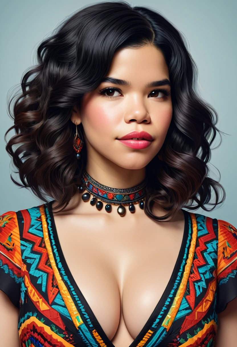 Beautiful boho women stunning merge of America Ferrera. with colorful southwestern style dress. colorful southwestern earing and. jewelry dark-black colored hair that is coarse, wiry, and tightly curled. It often has a rough texture, feels stiff to the touch, and may be prone to frizz and tangling. The curls can be densely packed. The Official Art – An Award-Winning Digital Masterpiece In 4K Ultra HD, Extreme Detail And Intricate Realism. symmetrical face. This Concept Art Brought To Life By The Hands Of Artists Like Wlop & Artgerm In A Stunning 2D Vector Illustration. large, perky, full, vuluptious, symmetrical and spherical breasts. Background is a beautiful panoramic vista of a red rock canyon.

