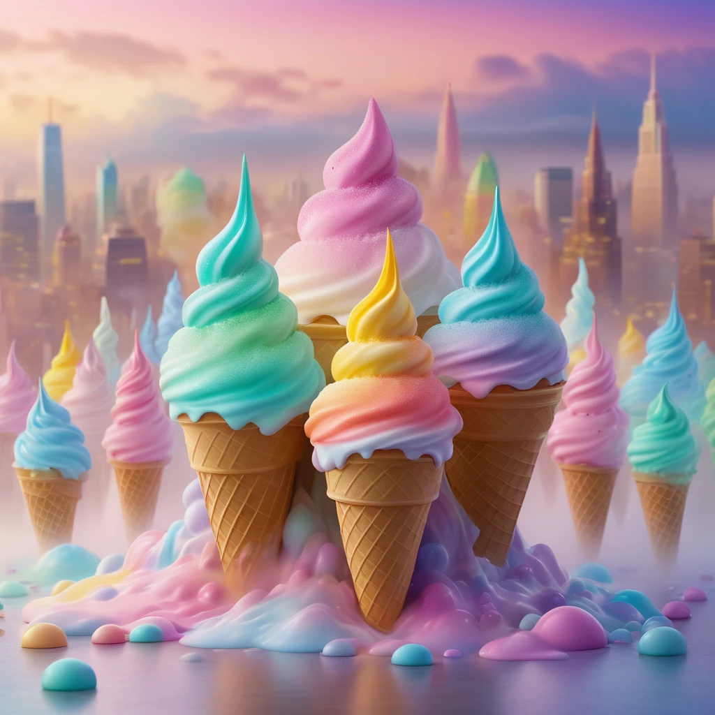 cityscape made of colorful soft serve ice cream, cute fantasy graphic CG digital art, 2.5D, delicate and dynamic, shading effects, hyper realistic, foggy effects, glitter effects, background pastel color