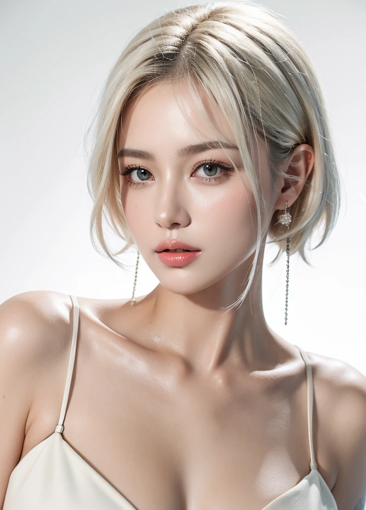 Realistic portraits, High resolution, Soft Light,1 Female, Short white hair, only, Full body portrait、Big Breasts、 Oily, shiny skin, jewelry, tattoo