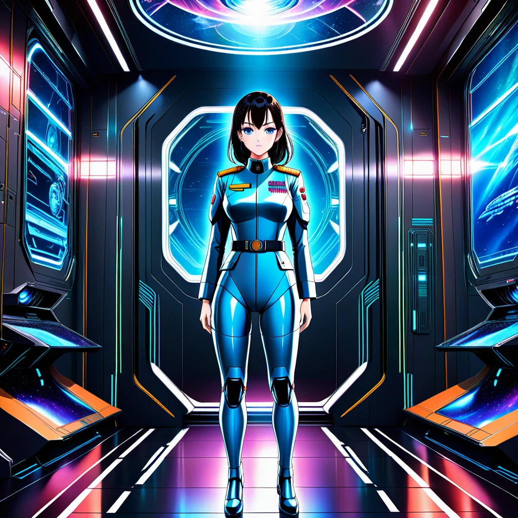(dynamic colors) (High Definition) Full body hologram image of a beautiful woman with Japanese features, dark hair and blue eyes, wearing military officer suit. And in the background a futuristic spaceship room (anime style).
