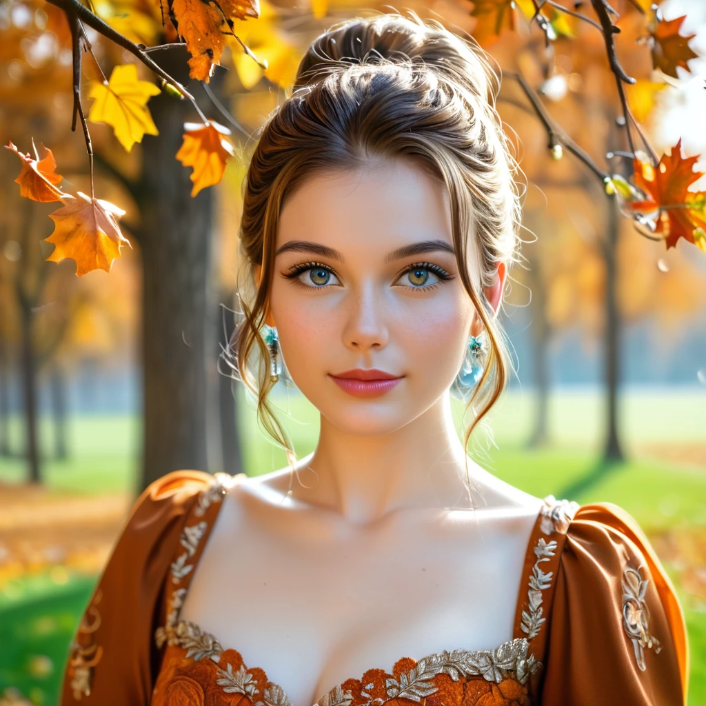 Digital image of a beautiful young woman wearing an autumn dress, ornate, vivid
realistic detail, sharp focus, shot with 85mm Leica lens, f4.6, ultra-realistic concept photography.
