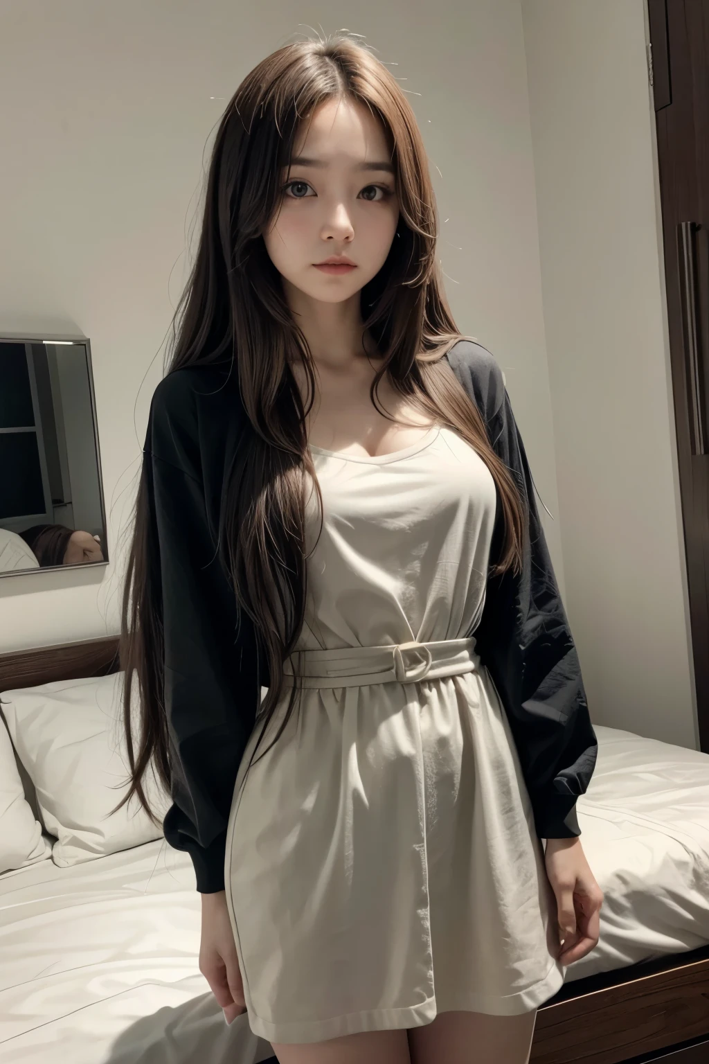 Create images of a short woman, with long hair and realistic