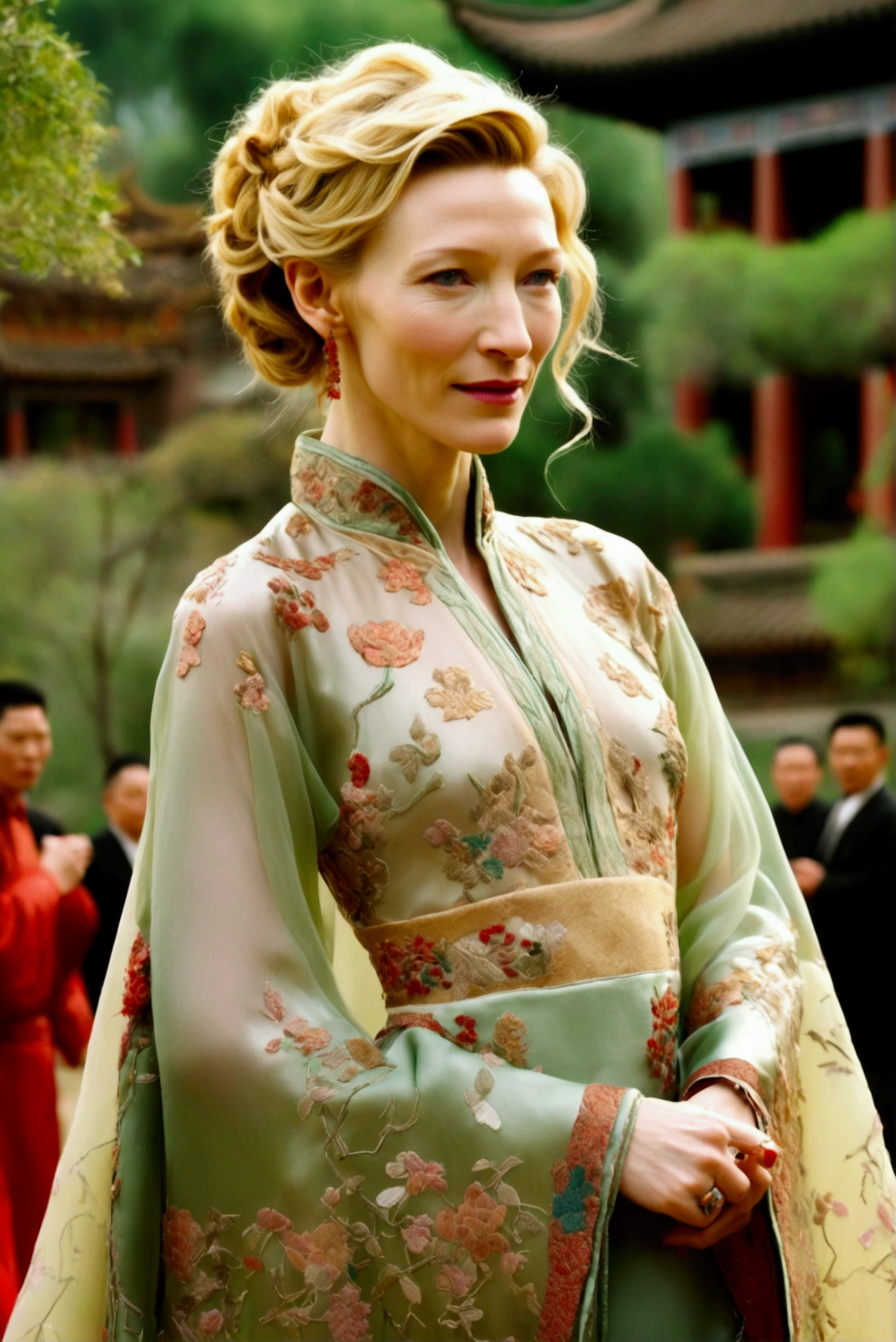 1 woman (Cate Blanchett, age 25, intricate silk Chinese dress with lots of embroidery sheer with several large slits, no underwear, traditional hairstyle and Chinese makeup) wandering through a palace garden