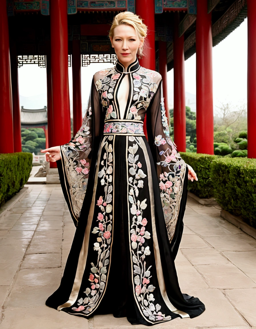 1 woman (Cate Blanchett, age 25, intricate silk Chinese dress with lots of embroidery sheer with several large slits, no underwear, traditional hairstyle and Chinese makeup) wandering through a palace garden