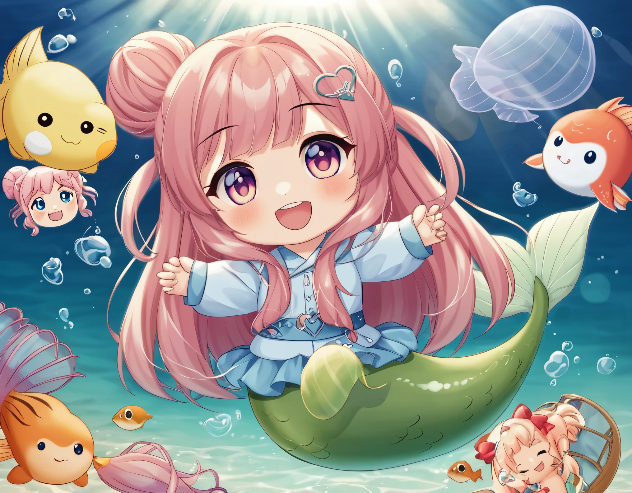 Light blue long hair、Cute little twin-tailed mermaid character、Chibi Mermaid、Great smile、Pink cute mermaid、In the bright sea with sunlight streaming in、Beautiful fish、Dolphins and colorful fish、Jellyfish and sea friends